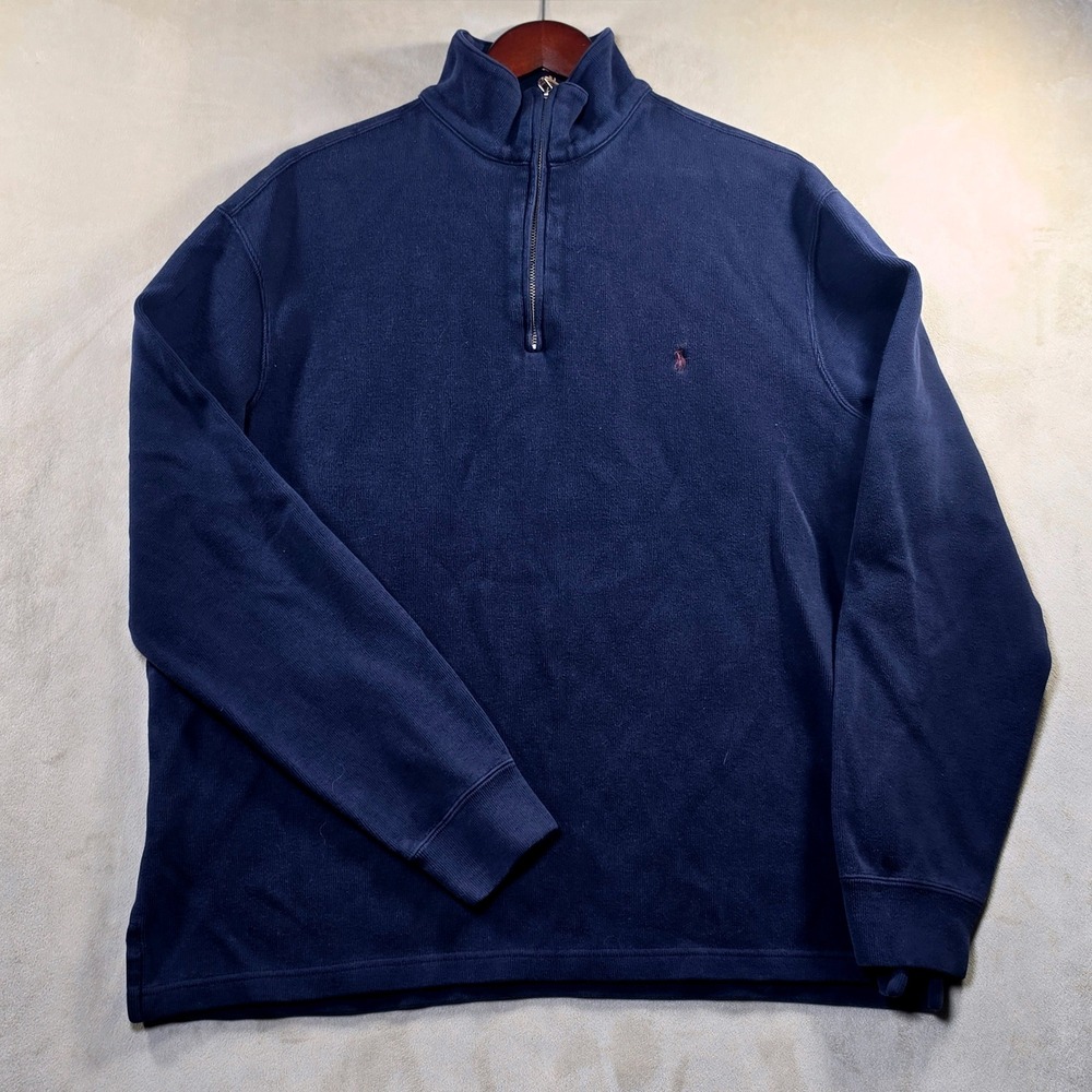 Polo Ralph Lauren Quarter Zip Pullover Navy Blue Cotton Vintage 90s Mens XL